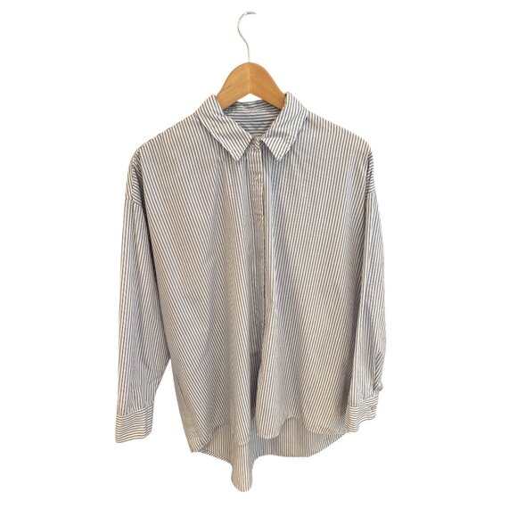 Coastal Olive & Oak Blue & White Striped Button-Up Shirt Womens L Cotton/Poly Bl - Picture 1 of 7